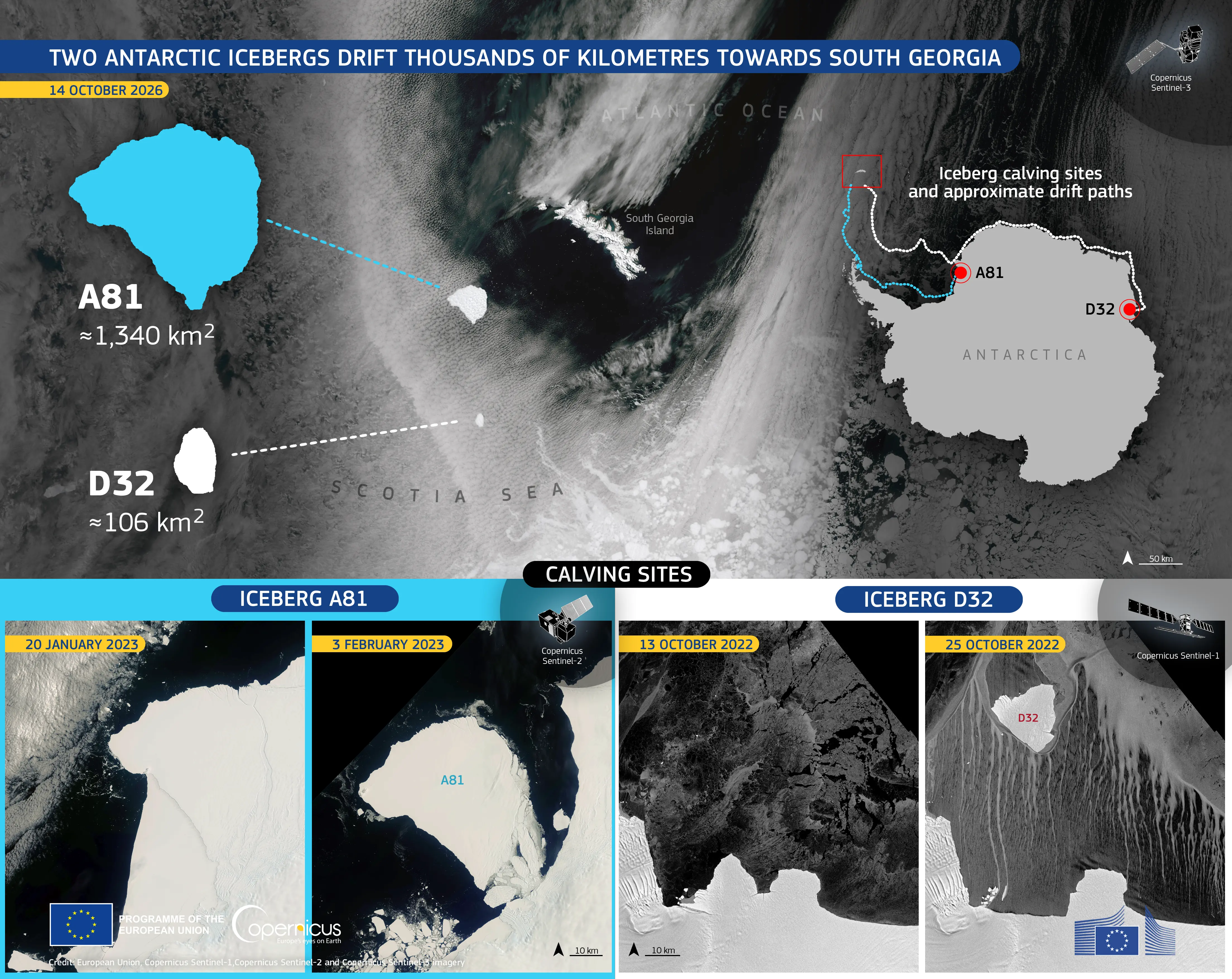 Two Antarctic icebergs drift thousands of kilometres towards South